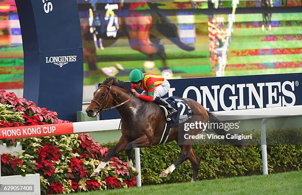 Ryan Moore riding Maurice of Japan wins Race 8 the Longines Hong Kong Cup during Hong Kong International Racing at Sha Tin Racecourse on December 11,...