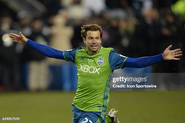 Andreas Ivanschitz of Seattle Sounders celebrates after the MLS Cup Final game between Toronto FC and Seattle Sounders on December 10 at BMO Field in...