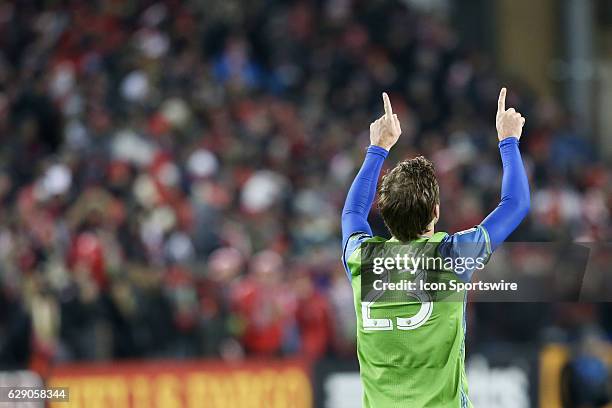 Andreas Ivanschitz of Seattle Sounders after scoring against Toronto FC during penalty shots of the MLS Cup Final on December 10 at BMO Field in...