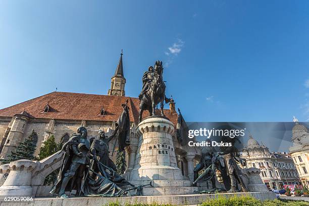 Romania, Transylvania, Cluj Napoca City, Mathia Rex Monument, St. Michael's Church, Unirii Square.