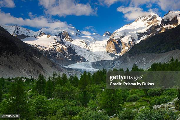 Morteratsch valley, Piz Palue, 3905 ms, Piz Bernina, 4049 ms, Biancograt, Morteratsch glacier, Grisons Switzerland.