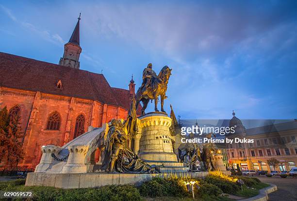 Romania, Transylvania, Cluj Napoca City, Mathia Rex Monument, St. Michael's Church, Unirii Square.