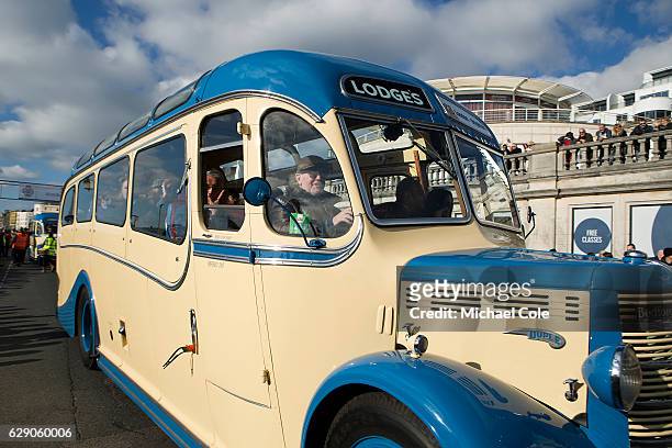 Chris Evans drives a Classic Bedford "Lodge's" coach for 'Children in Need' at the finish of the 120th London to Brighton Veteran Car Run in Madeira...