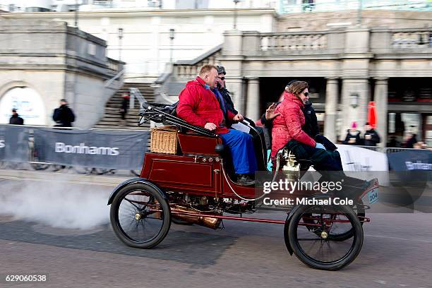 Stanley, , at the finish of the 120th London to Brighton Veteran Car Run in Madeira Drive Brighton on November 6, 2016 in Brighton, England.