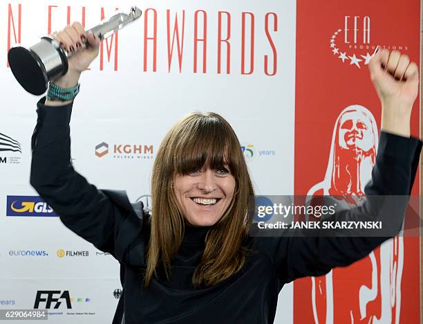 Danish camerawoman Camilla Hjelm Knudsen poses with her trophy she received in the category "European Cinematographer 2016 - Prix Carlo di Palma"...