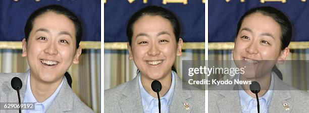Japan - Japanese figure skater Mao Asada smiles in this combination photo at a press conference at the Foreign Correspondents' Club of Japan in Tokyo...