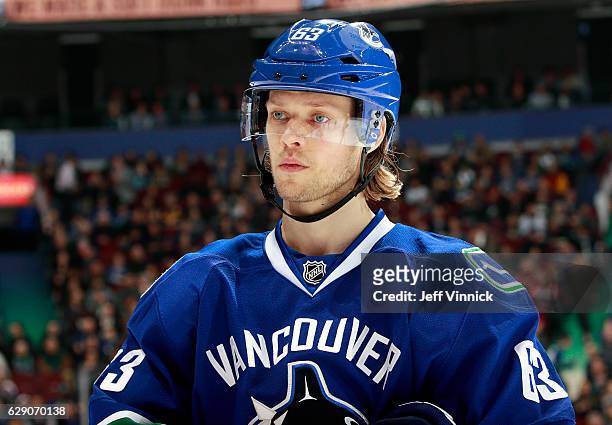 Philip Larsen of the Vancouver Canucks looks on from the bench during their NHL game against the Anaheim Ducks at Rogers Arena December 1, 2016 in...