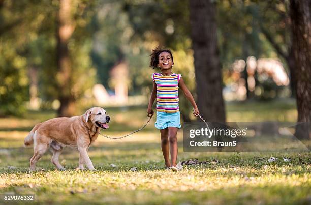 smiling african american girl walking her dog on a leash. - kid and dog stock pictures, royalty-free photos & images