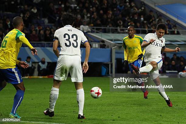 Yasushi Endo of Kashima Antlers scores the first goal to make the score 0-1 during the FIFA Club World Cup Quarter Final match between Mamelodi...