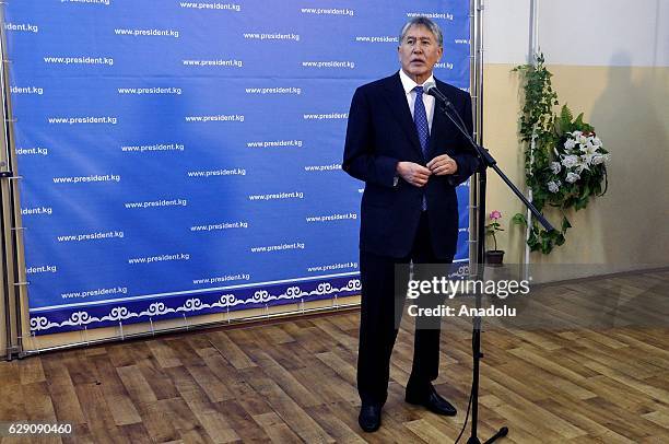 Kyrgyzstan's President Almazbek Atambayev speaks to media during a press conference on Istanbul terror attacks after voting for local elections and...