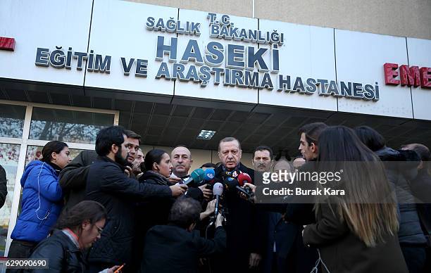 Turkish President Recep Tayyip Erdogan speaks to press after visiting the wounded police officers of the bomb attacks at Haseki Hospital in Istanbul...
