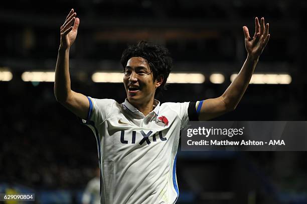 Mu Kanasaki of Kashima Antlers celebrates scoring the second goal to make the score 0-2 during the FIFA Club World Cup Quarter Final match between...