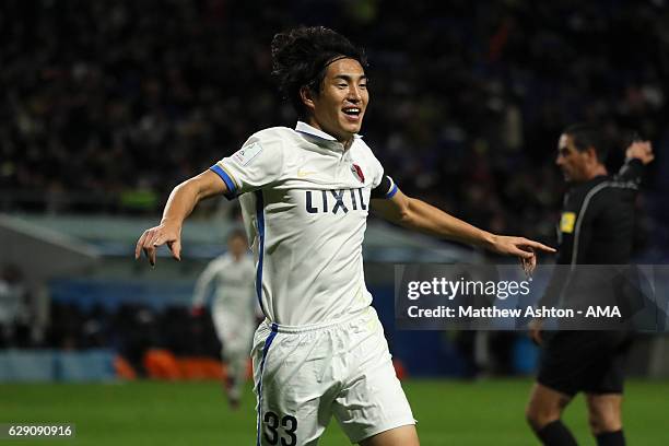 Mu Kanasaki of Kashima Antlers celebrates scoring the second goal to make the score 0-2 during the FIFA Club World Cup Quarter Final match between...