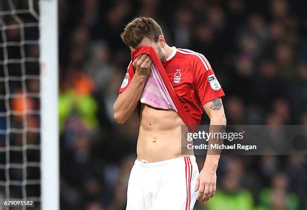 Nicklas Bendtner of Nottingham Forest reacts during the Sky Bet Championship match between Derby County and Nottingham Forest at iPro Stadium on...
