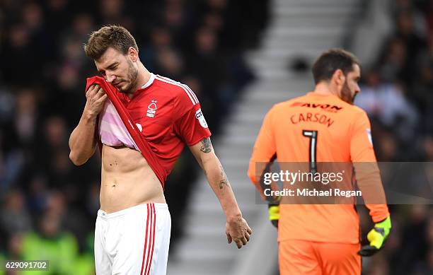 Nicklas Bendtner of Nottingham Forest looks dejected during the Sky Bet Championship match between Derby County and Nottingham Forest at iPro Stadium...