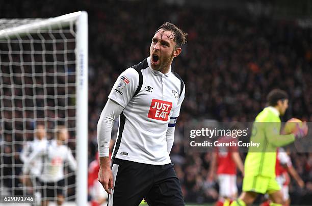 Richard Keogh of Derby County celebrates after Nicklas Bendtner of Nottingham Forest scores an own goal for Derby County's first during the Sky Bet...