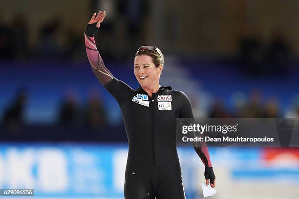 Claudia Pechstein of the Germany celebrates after she competes in the 5000m Ladies race on Day Three of the Speed Skating ISU World Cup on December...
