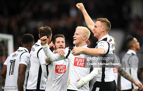 Will Hughes of Derby County celebrates scoring his side's third goal with team mates during the Sky Bet Championship match between Derby County and...