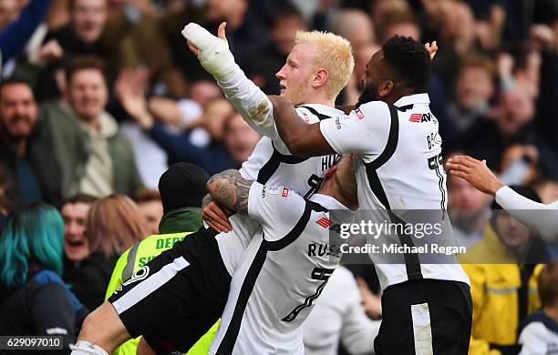 Will Hughes of Derby County celebrates scoring his side's third goal with team mates during the Sky Bet Championship match between Derby County and...