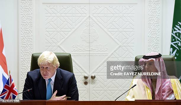 Saudi Minister of Foreign Affairs Adel al-Jubeir and British Secretray of State for Foreign and Commonwealth Affairs Boris Johnson give a joint press...