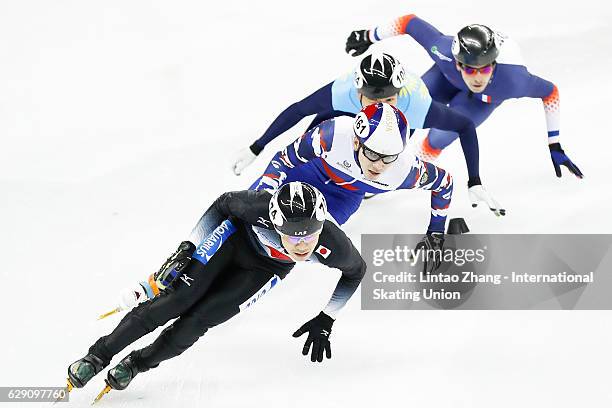 Team of Japan leads competes in the men's 5000m Relay final B on day two of the ISU World Cup Short Track speed skating event at the Oriental Sports...