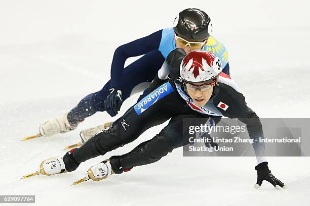 Kazuki Yoshinaga of team Japan leads competes in the men's 5000m Relay final B on day two of the ISU World Cup Short Track speed skating event at the...