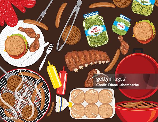 ilustraciones, imágenes clip art, dibujos animados e iconos de stock de alimentos para barbacoa sobre un fondo marrón - picadillo