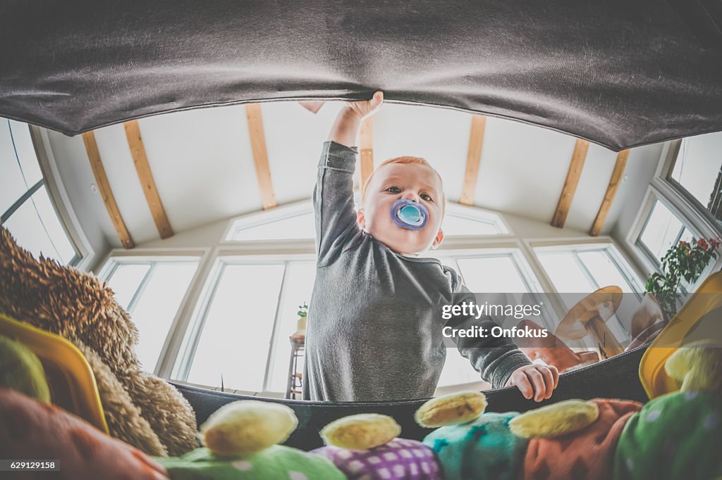 POV Baby Boy Exploring and Looking Inside Toy Box