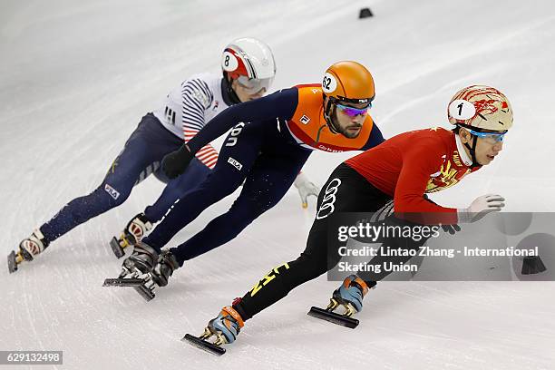 Team of China leads competes in the men's 5000m Relay final on day two of the ISU World Cup Short Track speed skating event at the Oriental Sports...