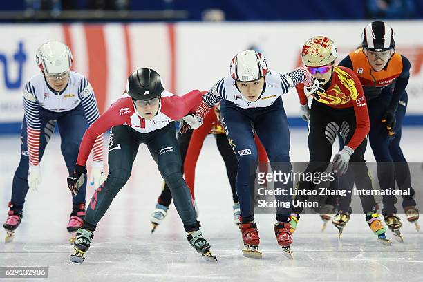 Team of South Korea leads competes in the women's 5000m Relay final on day two of the ISU World Cup Short Track speed skating event at the Oriental...