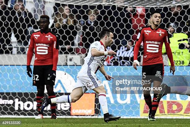 Lyon's French forward Mathieu Valbuena celebrates after scoring a goal during the French L1 football match Olympique Lyonnais vs Rennes on December...