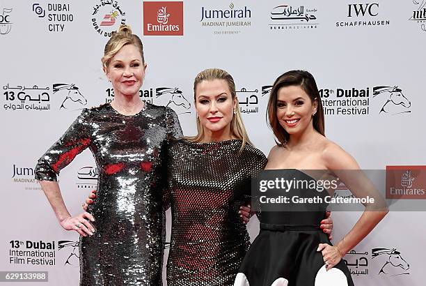 Melanie Griffith, Anastacia and Eva Longoria attend the "Solitaire" red carpet during day five of the 13th annual Dubai International Film Festival...