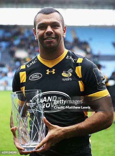 Kurtley Beale of Wasps pictured with the 'Player of the Match' award after the European Rugby Champions Cup match between Wasps and Connacht Rugby at...