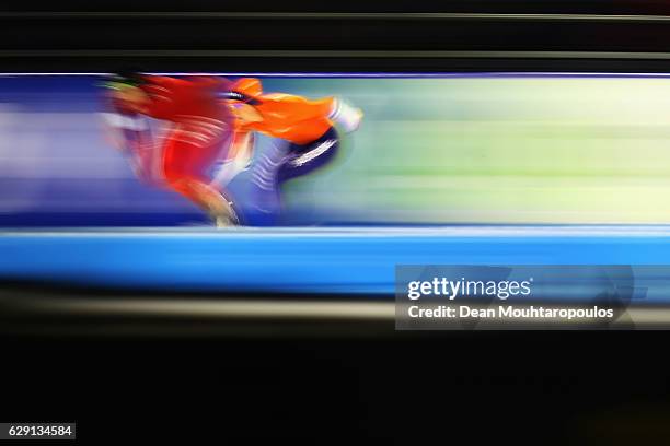 Ireen Wust of the Netherlands and Hege Bokko of Norway compete in the 1000m Ladies race on Day Three of the Speed Skating ISU World Cup on December...