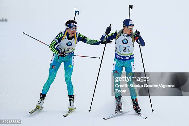 Olena Pidhrushna of Ukraine takes 3rd place, Anastasiya Merkushyna takes 3rd place during the IBU Biathlon World Cup Men's and Women's Relay on...