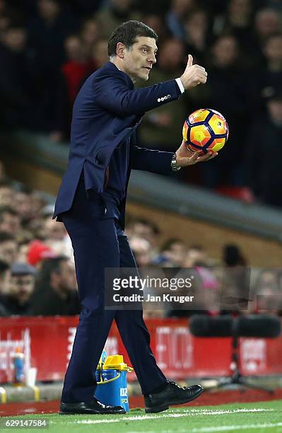 Slaven Bilic manager of West Ham United gives a thumbs up during the Premier League match between Liverpool and West Ham United at Anfield on...