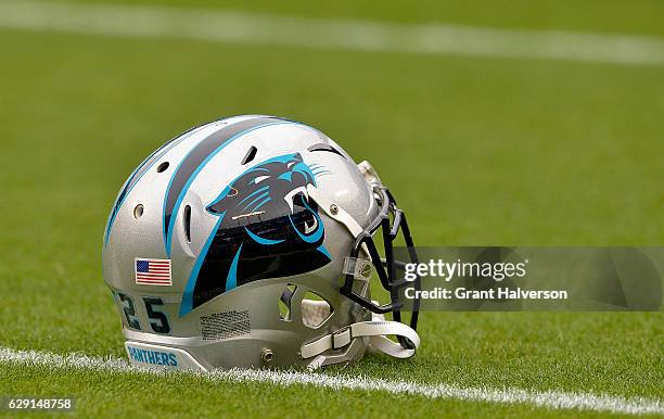 Detailed view of a Carolina Panthers helmet during pregame against the San Diego Chargers at Bank of America Stadium on December 11, 2016 in...