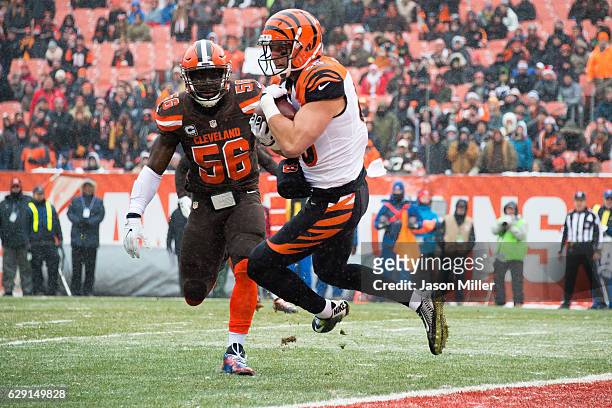 Tight end Tyler Eifert catches a touchdown pass from quarterback Andy Dalton of the Cincinnati Bengals while under pressure from inside linebacker...