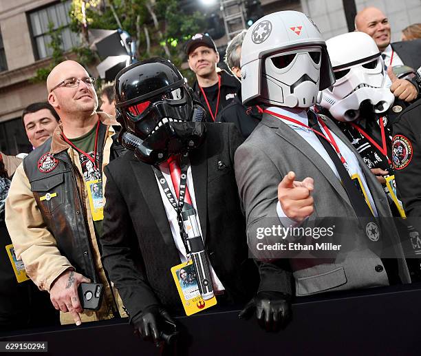 Costumed fans attend the premiere of Walt Disney Pictures and Lucasfilm's "Rogue One: A Star Wars Story" at the Pantages Theatre on December 10, 2016...