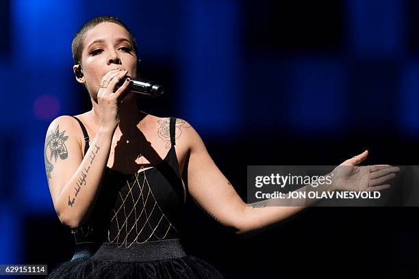 Singer Halsey performs during the 2016 Nobel Peace Prize Concert at Telenor Arena in Oslo, Norway, December 11, 2016. / AFP / NTB Scanpix / Jon Olav...