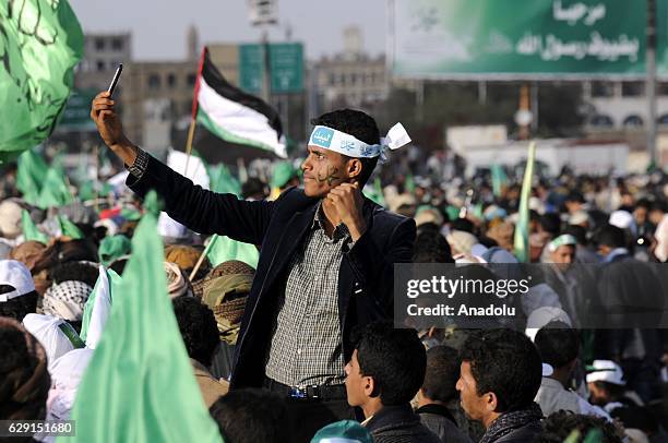 Muslims gather at al-Sabin Square during the celebrations for Mawlid al-Nabi, birth anniversary of Muslims' beloved Prophet Mohammad in Sanaa, Yemen...