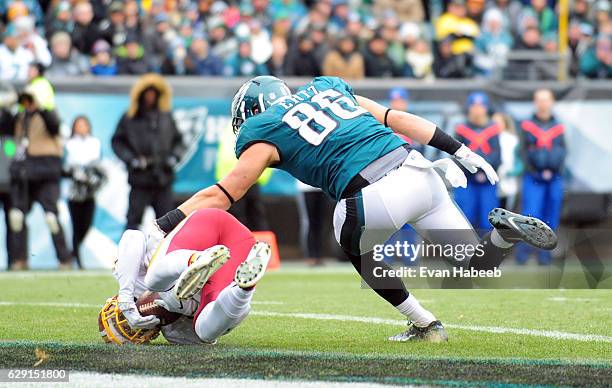 Deshazor Everett of the Washington Redskins intercepts a pass intended for Zach Ertz of the Philadelphia Eagles in the first quarter at Lincoln...