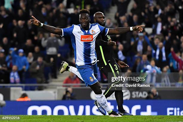 Felipe Caicedo of RCD Espanyol celebrates after scoring his team's first goal during the La Liga match between RCD Espanyol and Real Sporting de...