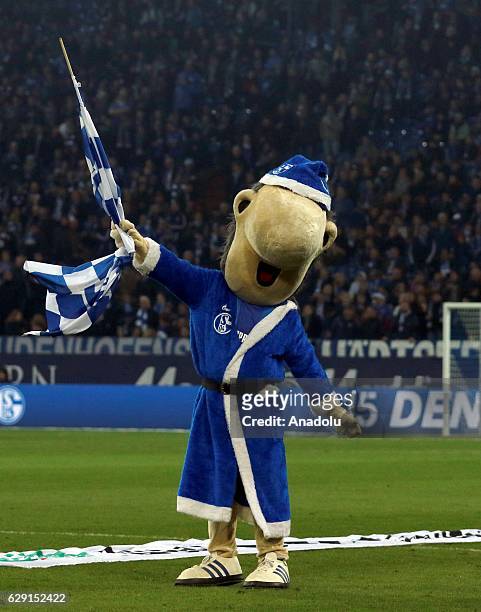 Mascot Erwin of FC Schalke 04 is seen before the Bundesliga soccer match between FC Schalke 04 and Bayer Leverkusen at the Veltins Arena stadium in...