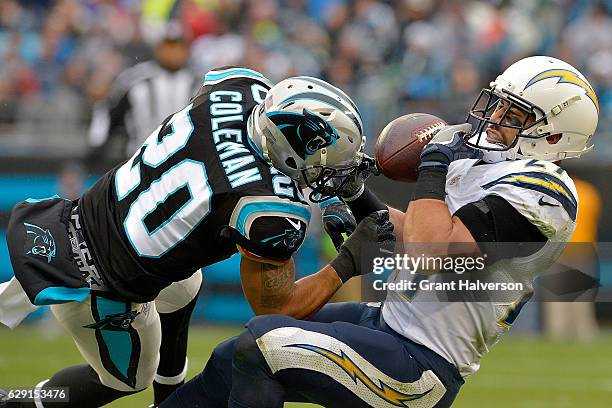 Kurt Coleman of the Carolina Panthers defends a pass to Kenneth Farrow of the San Diego Chargers in the 2nd quarter during the game at Bank of...