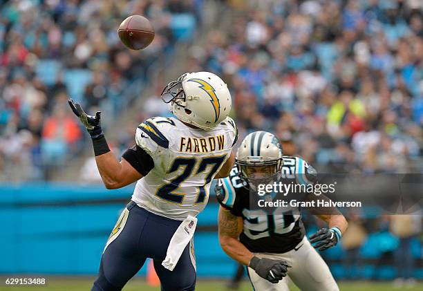 Kurt Coleman of the Carolina Panthers defends a pass to Kenneth Farrow of the San Diego Chargers in the 2nd quarter during the game at Bank of...