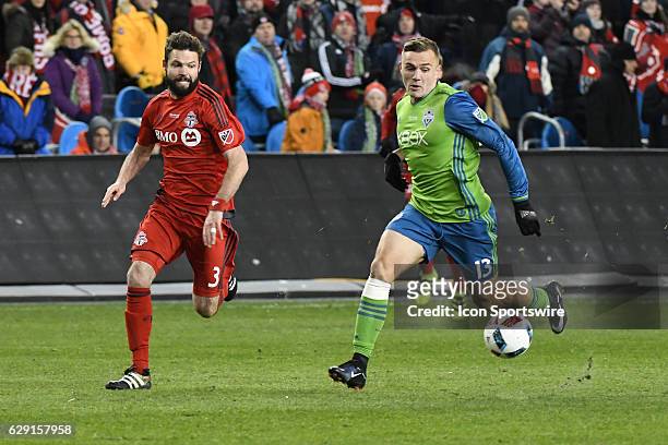 Toronto FC Defender Drew Moor chases Seattle Sounders Forward Jordan Morris during the MLS Cup final game between the Seattle Sounders and Toronto FC...