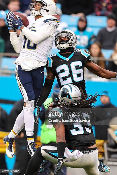 San Diego Chargers wide receiver Tyrell Williams goes up for the catch covered by Carolina Panthers cornerback Daryl Worley during the second quarter...