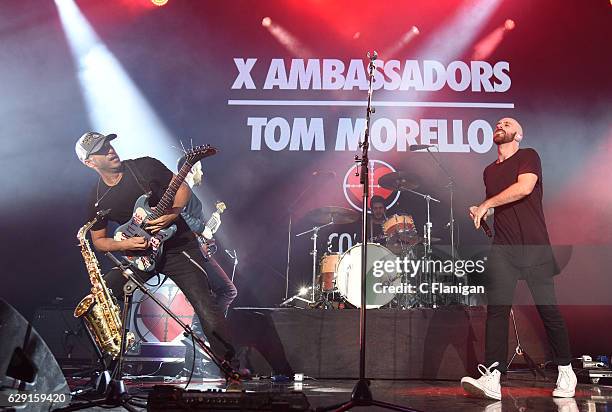 Guest guitarist Tom Morello of Rage Against the Machine and Prophets of Rage performs onstage with Sam Harris of the band X Ambassadors at 106.7 KROQ...