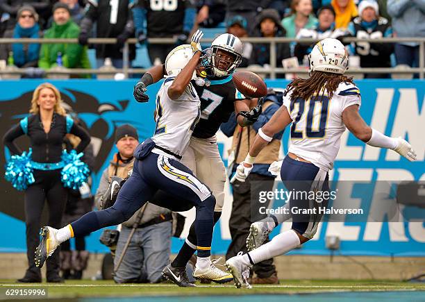 Devin Funchess of the Carolina Panthers reaches for the ball against the San Diego Chargers in the second quarter during the game at Bank of America...